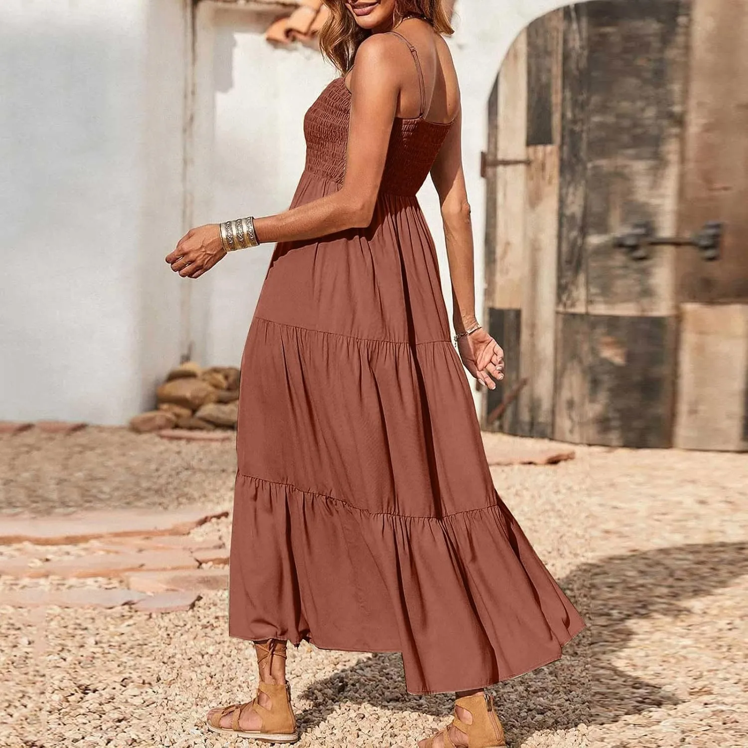Women's Spaghetti Strap Corset A Line Tiered Swing Long Sundress Bohemian Summer Spring Dress, S-3XL