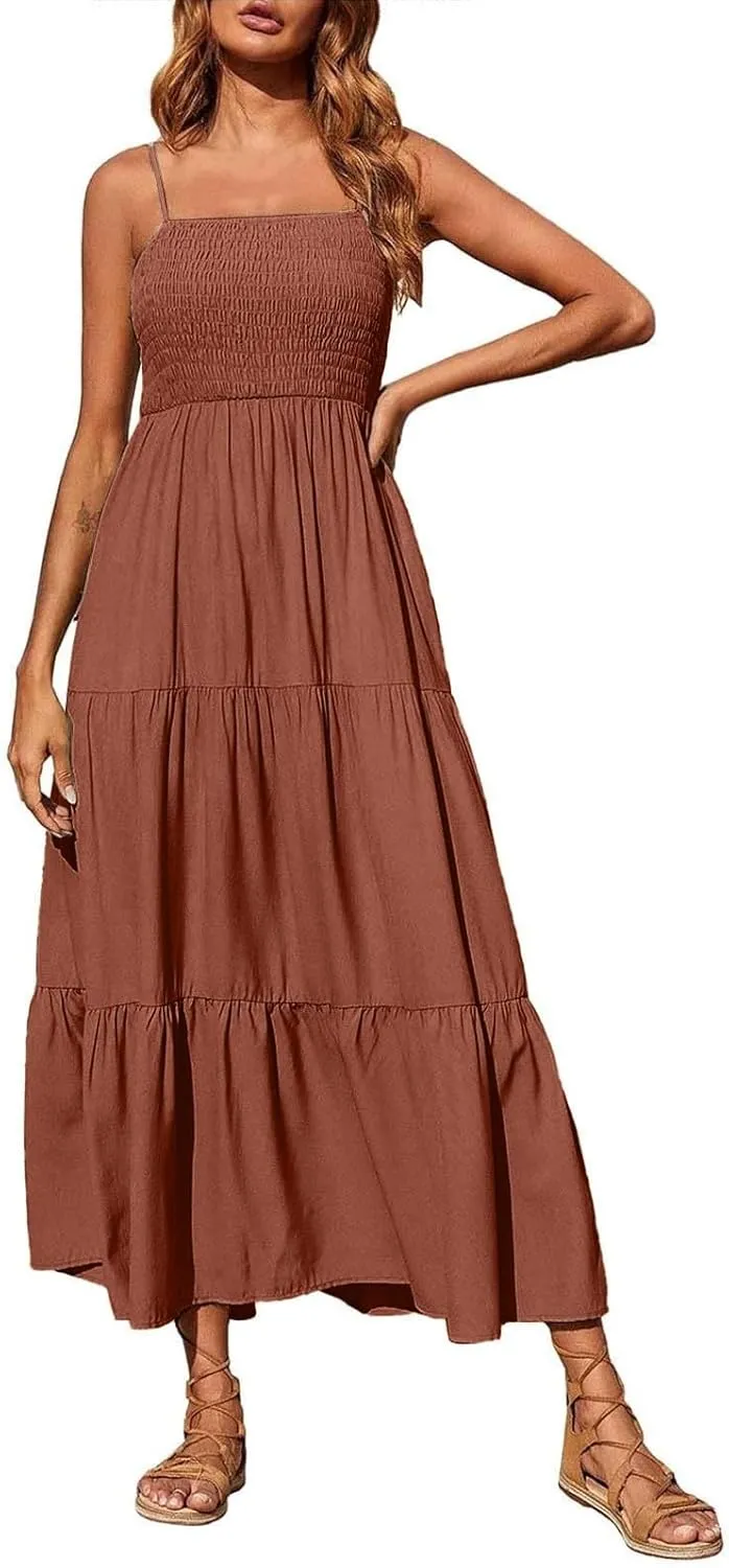 Women's Spaghetti Strap Corset A Line Tiered Swing Long Sundress Bohemian Summer Spring Dress, S-3XL