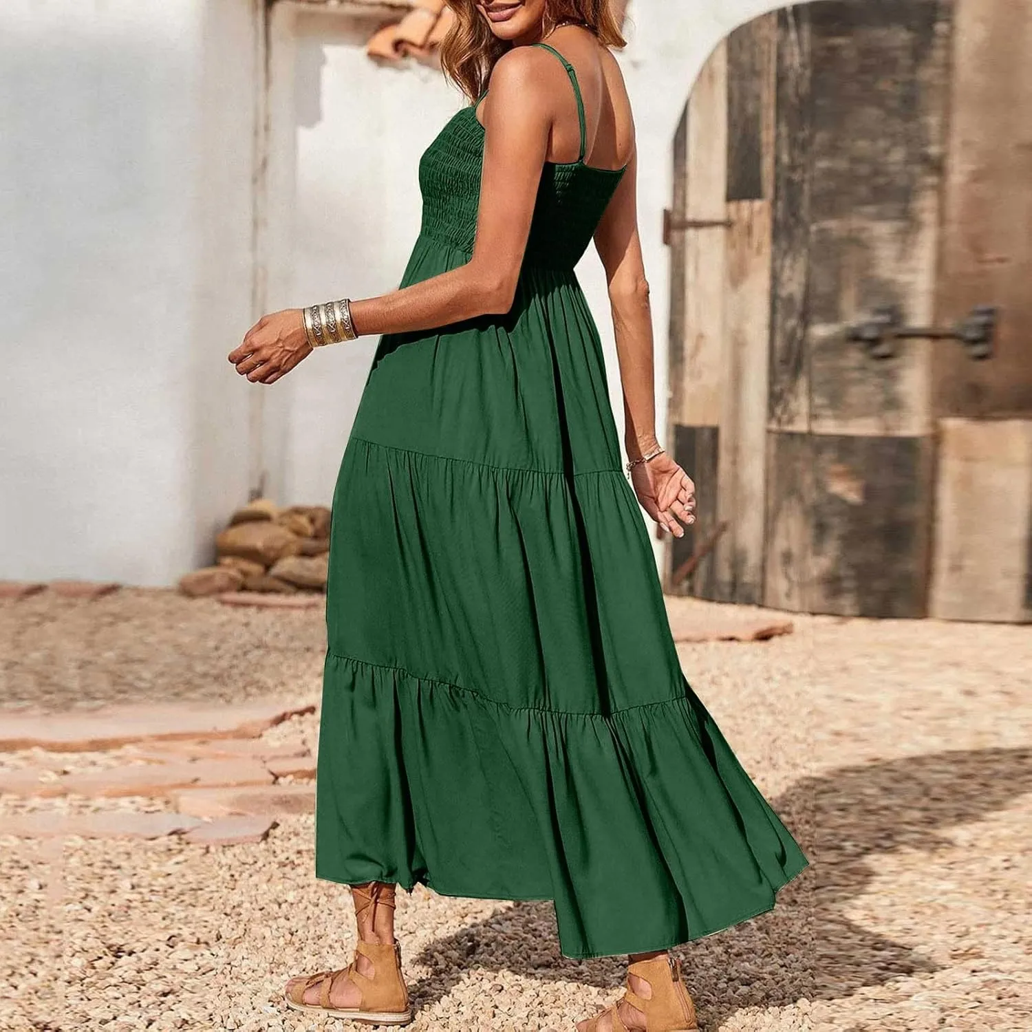 Women's Spaghetti Strap Corset A Line Tiered Swing Long Sundress Bohemian Summer Spring Dress, S-3XL