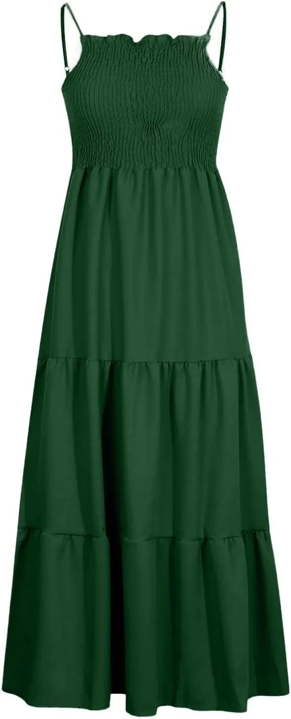 Women's Spaghetti Strap Corset A Line Tiered Swing Long Sundress Bohemian Summer Spring Dress, S-3XL