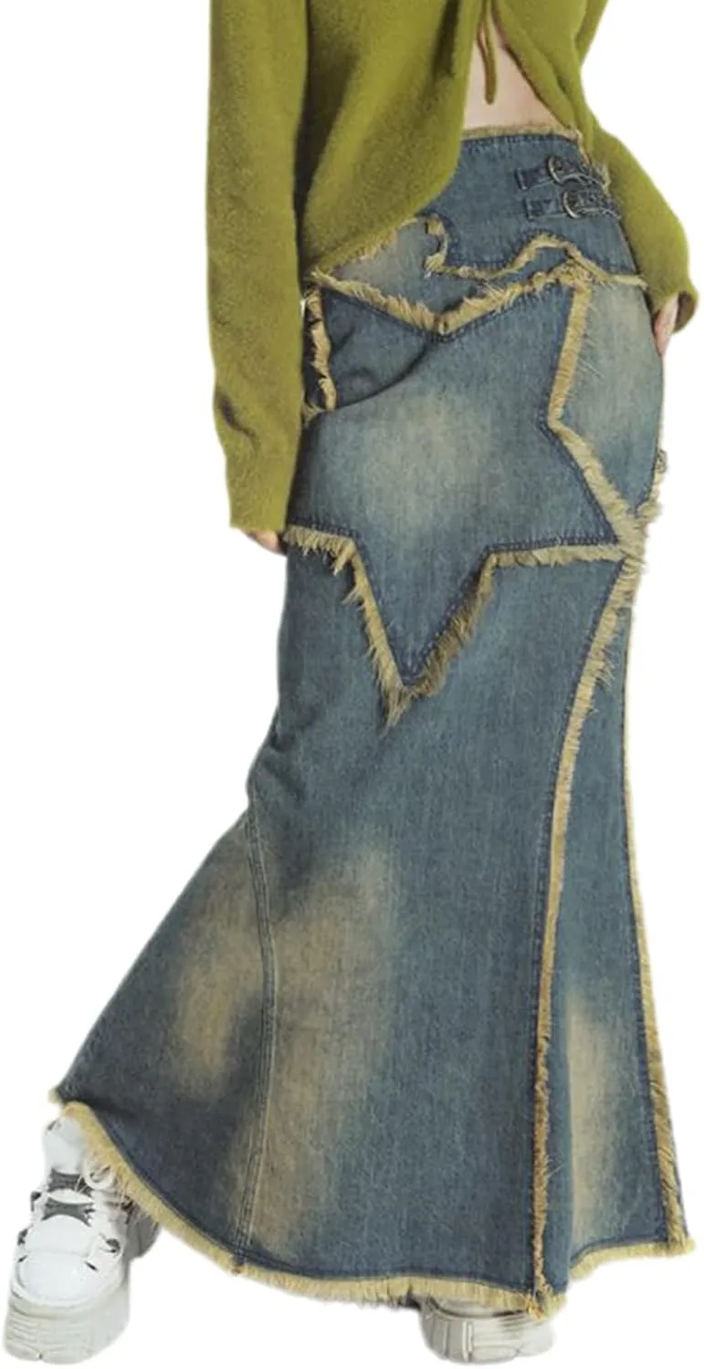 Womens Split High Waist Cargo Denim Midi Skirt Casual A-Line Jean Long Skirts Y2k Summer Solid Workwear Skirt