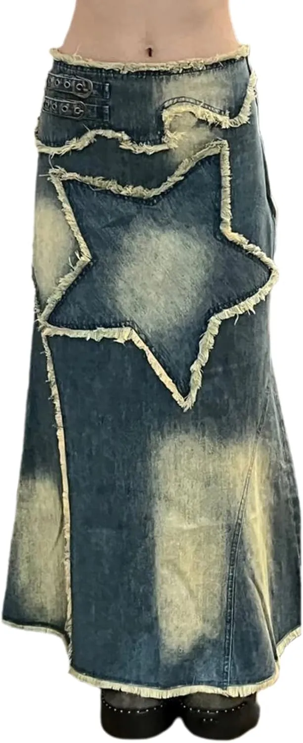 Womens Split High Waist Cargo Denim Midi Skirt Casual A-Line Jean Long Skirts Y2k Summer Solid Workwear Skirt