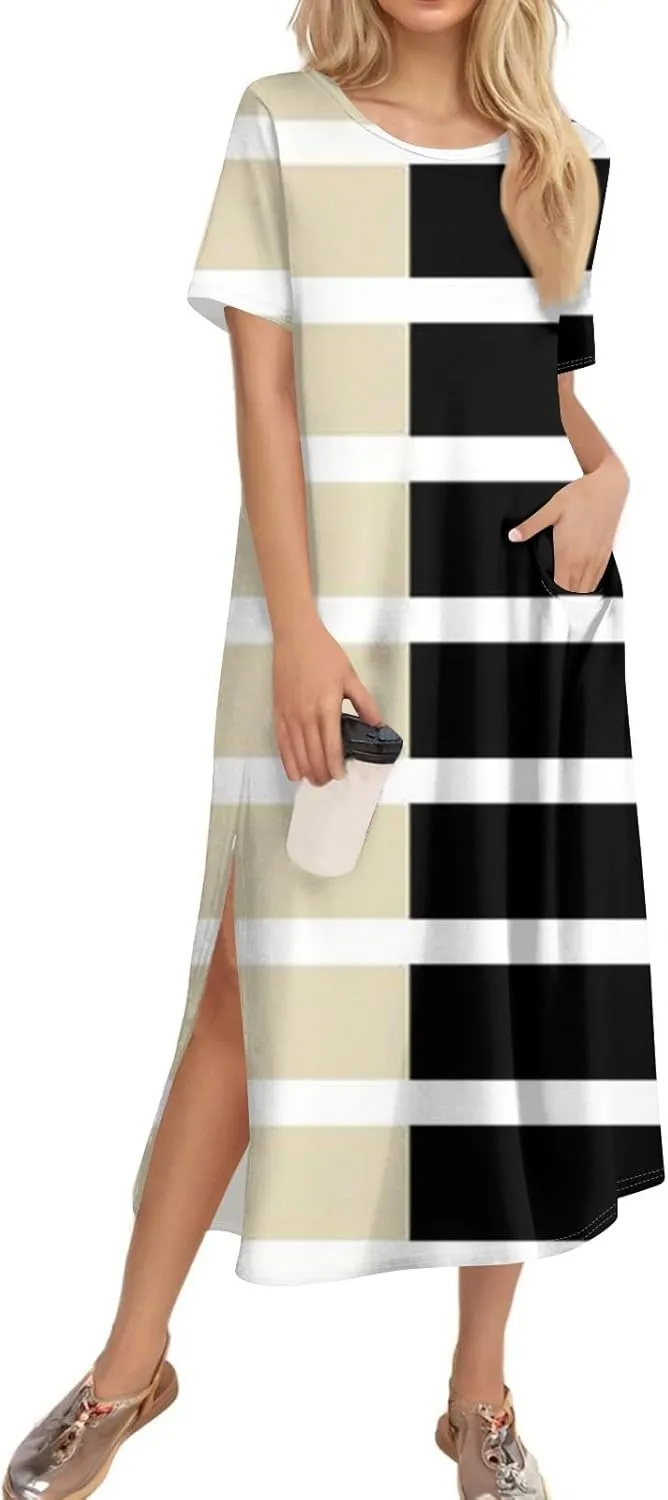 Women's Spring Dresses 2025 Crewneck Short Sleeve Striped Long Split Tshirt Dress with Pockets, S-3XL