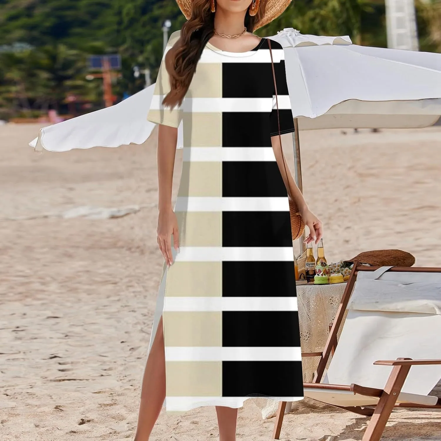 Women's Spring Dresses 2025 Crewneck Short Sleeve Striped Long Split Tshirt Dress with Pockets, S-3XL