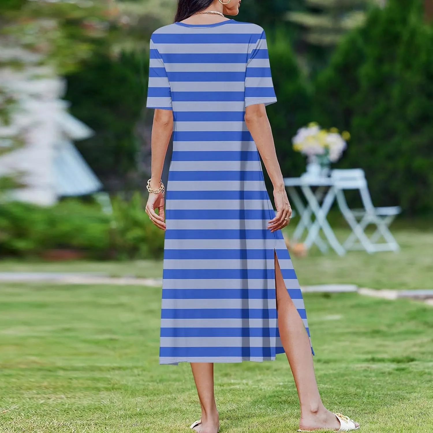 Women's Spring Dresses 2025 Crewneck Short Sleeve Striped Long Split Tshirt Dress with Pockets, S-3XL