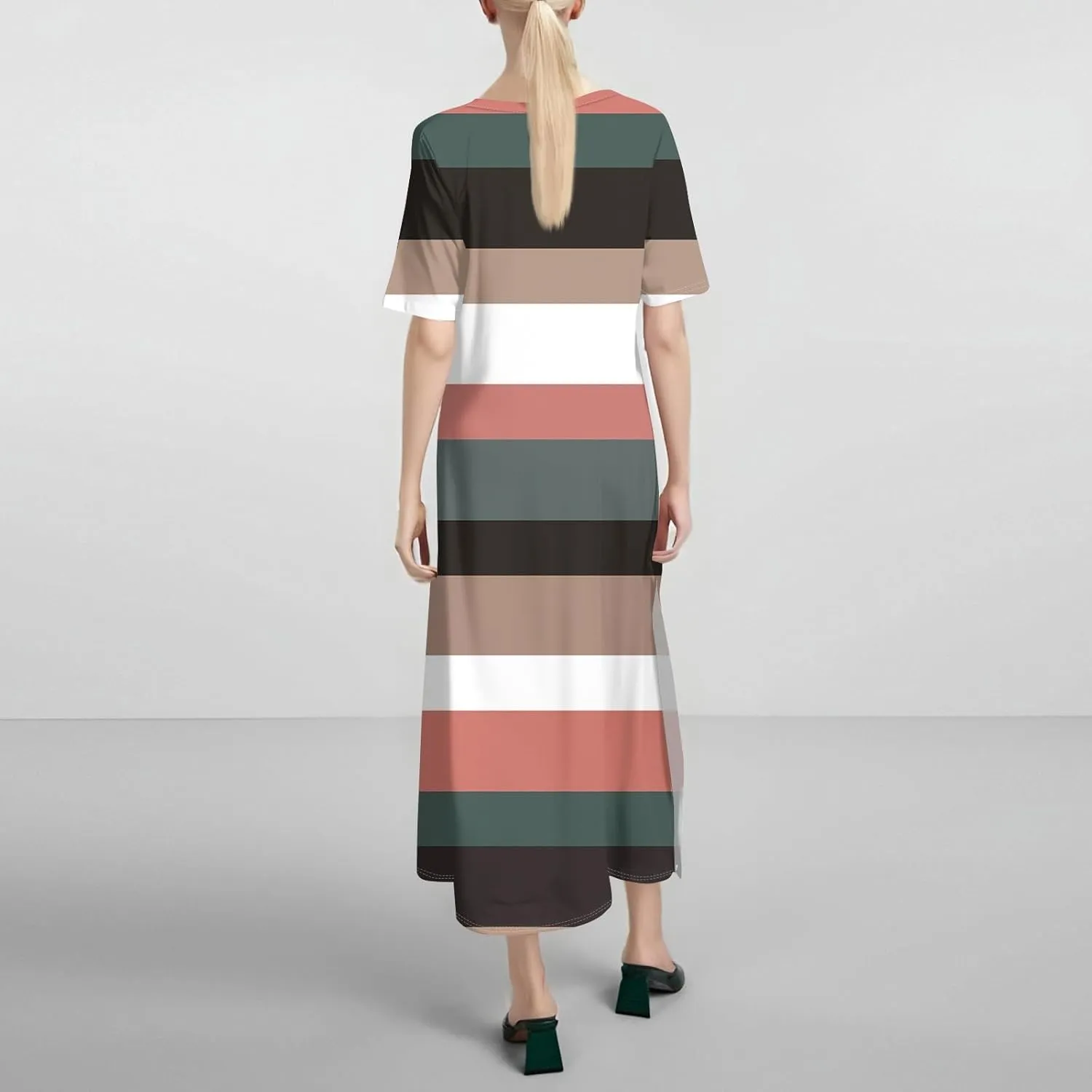 Women's Spring Dresses 2025 Crewneck Short Sleeve Striped Long Split Tshirt Dress with Pockets, S-3XL
