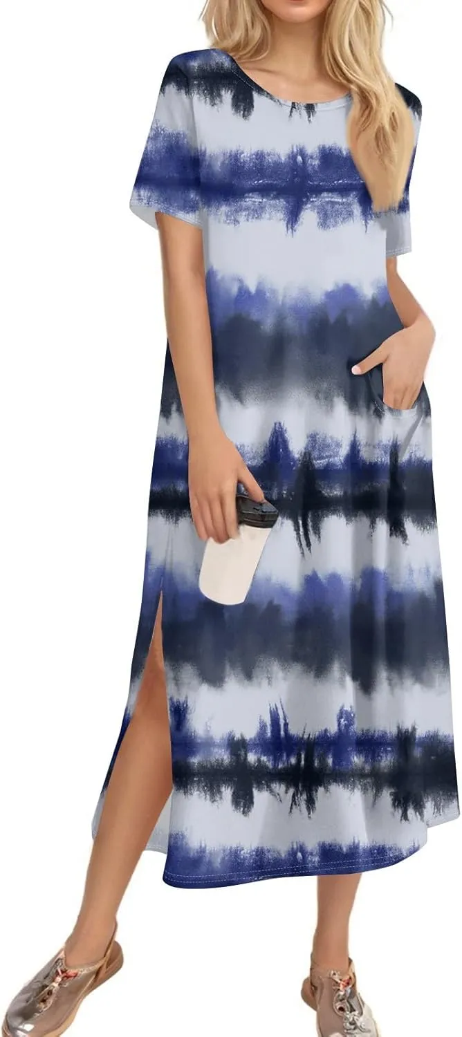 Women's Spring Dresses 2025 Crewneck Short Sleeve Striped Long Split Tshirt Dress with Pockets, S-3XL