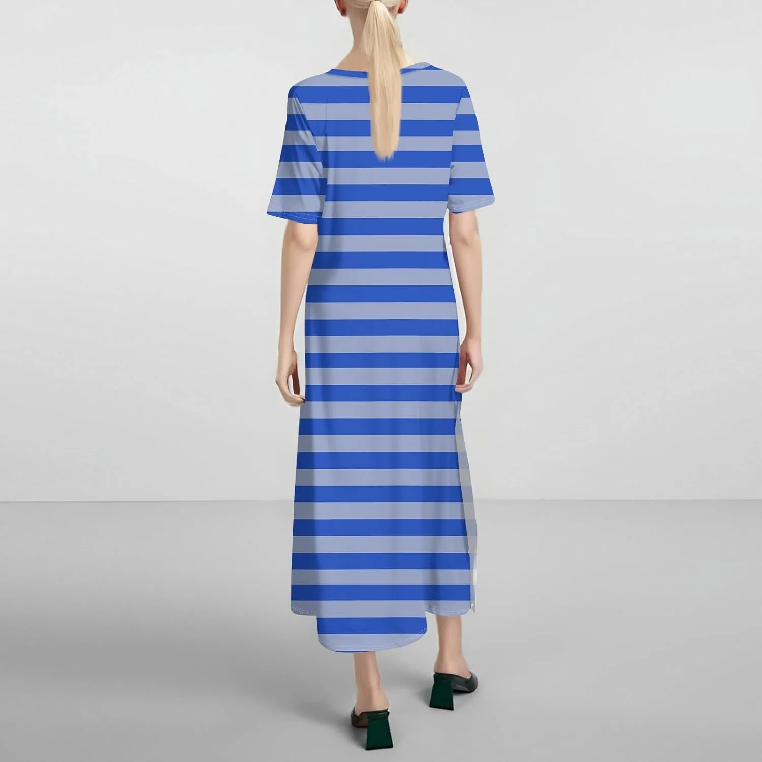 Women's Spring Dresses 2025 Crewneck Short Sleeve Striped Long Split Tshirt Dress with Pockets, S-3XL