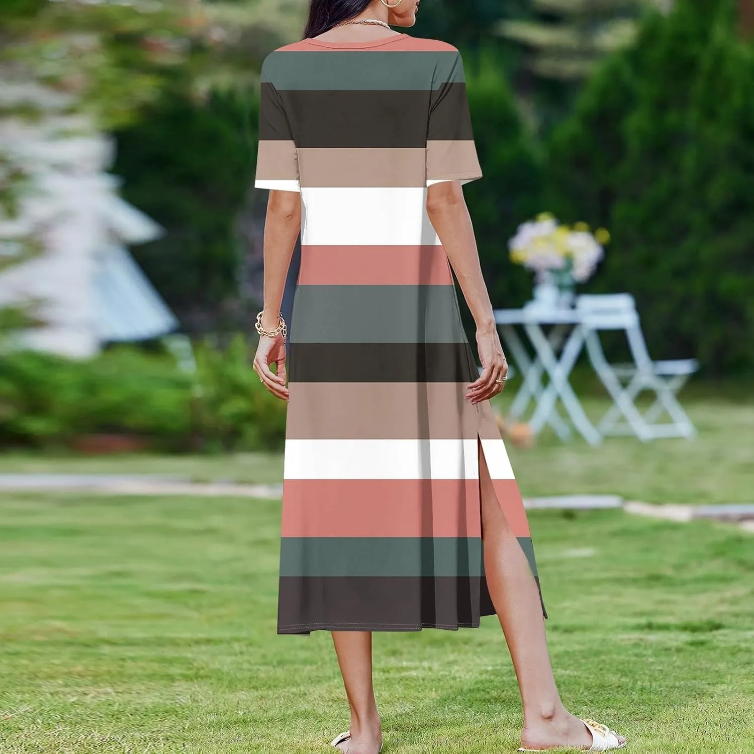 Women's Spring Dresses 2025 Crewneck Short Sleeve Striped Long Split Tshirt Dress with Pockets, S-3XL