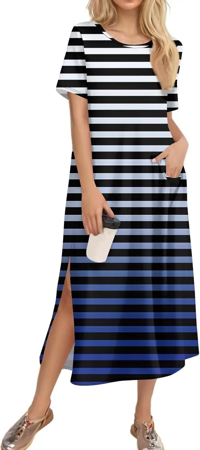 Women's Spring Dresses 2025 Crewneck Short Sleeve Striped Long Split Tshirt Dress with Pockets, S-3XL