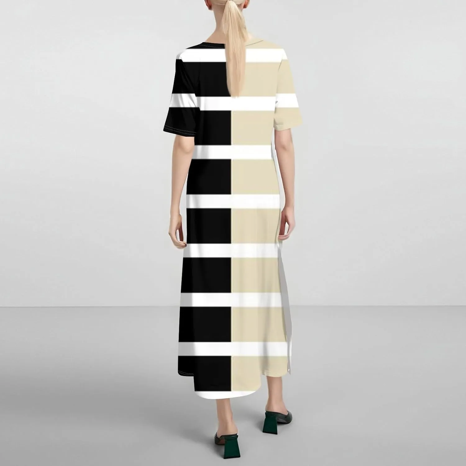 Women's Spring Dresses 2025 Crewneck Short Sleeve Striped Long Split Tshirt Dress with Pockets, S-3XL