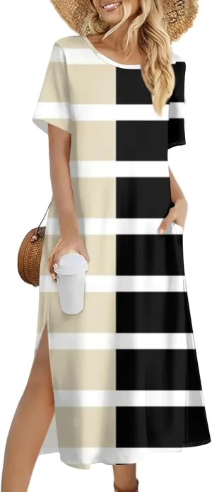 Women's Spring Dresses 2025 Crewneck Short Sleeve Striped Long Split Tshirt Dress with Pockets, S-3XL