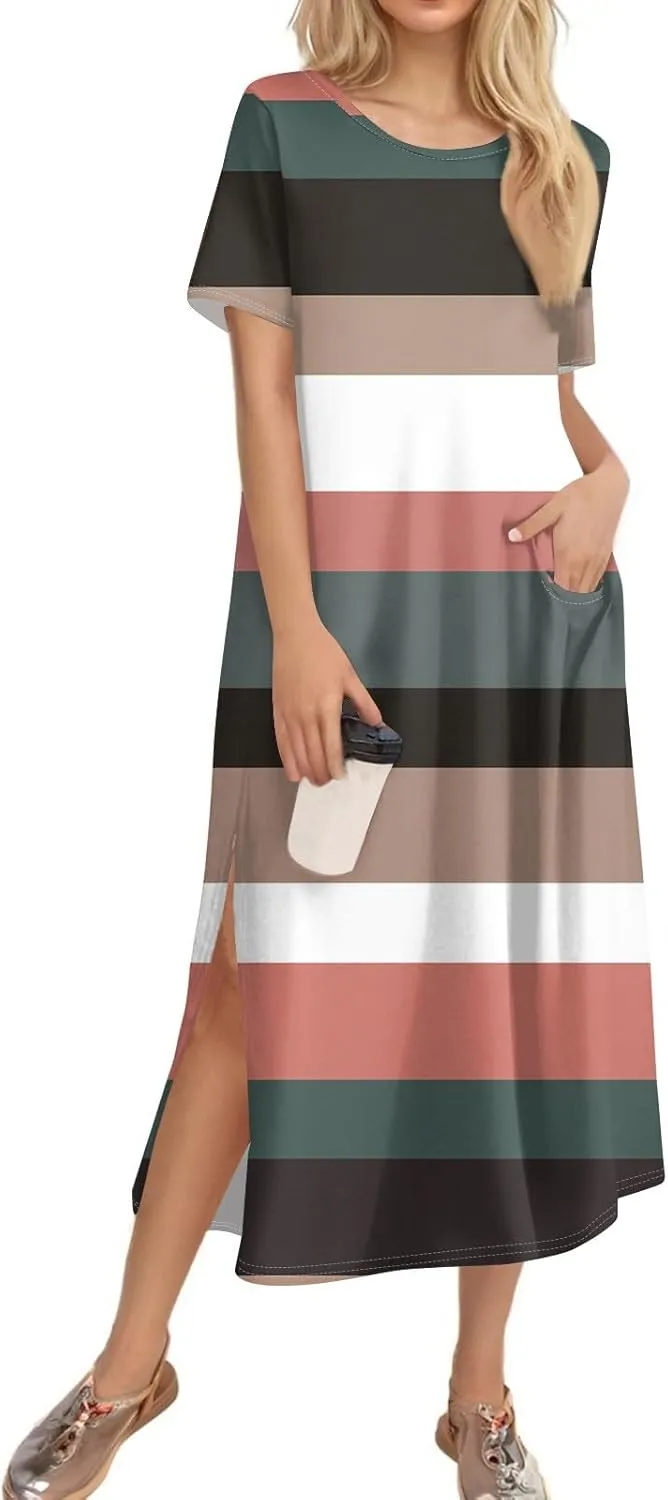 Women's Spring Dresses 2025 Crewneck Short Sleeve Striped Long Split Tshirt Dress with Pockets, S-3XL
