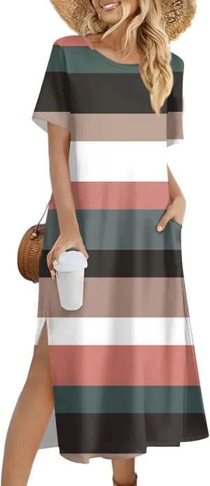 Women's Spring Dresses 2025 Crewneck Short Sleeve Striped Long Split Tshirt Dress with Pockets, S-3XL