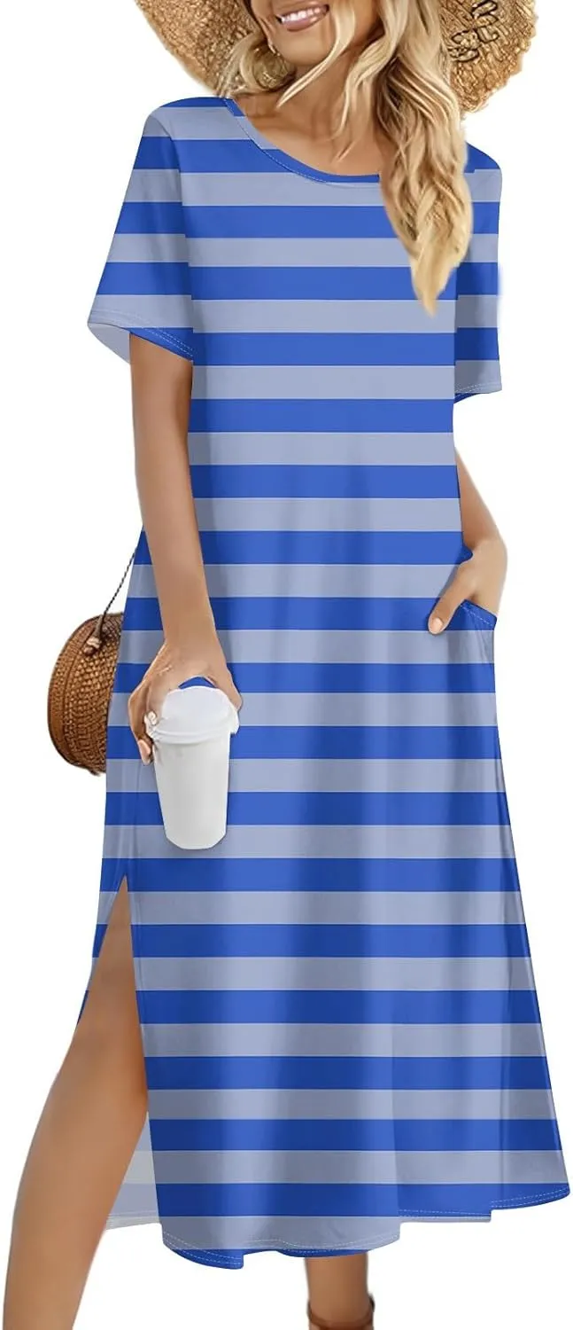Women's Spring Dresses 2025 Crewneck Short Sleeve Striped Long Split Tshirt Dress with Pockets, S-3XL
