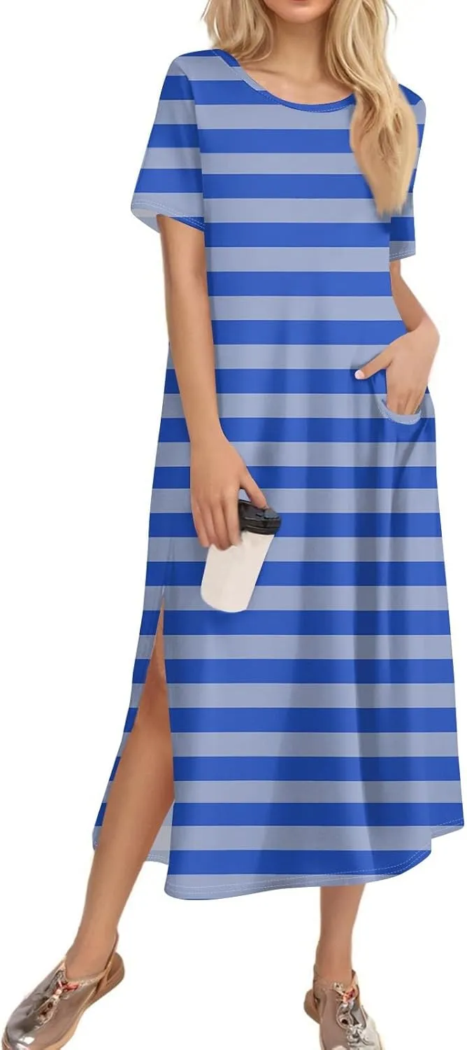Women's Spring Dresses 2025 Crewneck Short Sleeve Striped Long Split Tshirt Dress with Pockets, S-3XL