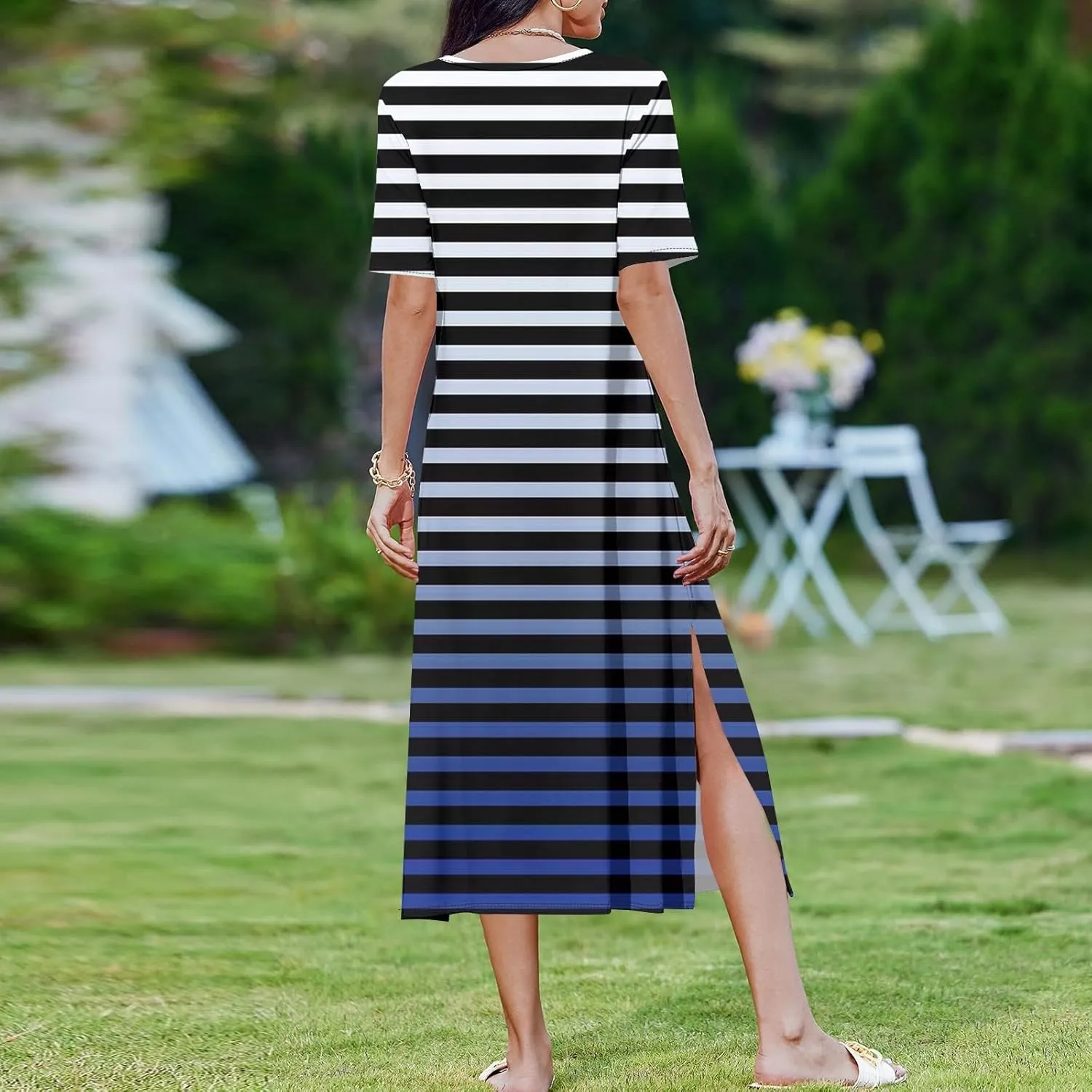 Women's Spring Dresses 2025 Crewneck Short Sleeve Striped Long Split Tshirt Dress with Pockets, S-3XL