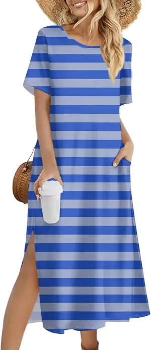 Women's Spring Dresses 2025 Crewneck Short Sleeve Striped Long Split Tshirt Dress with Pockets, S-3XL