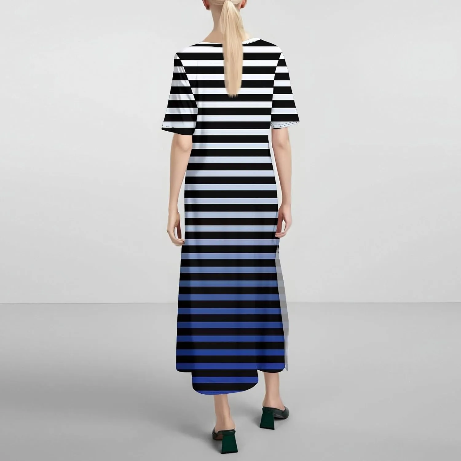 Women's Spring Dresses 2025 Crewneck Short Sleeve Striped Long Split Tshirt Dress with Pockets, S-3XL