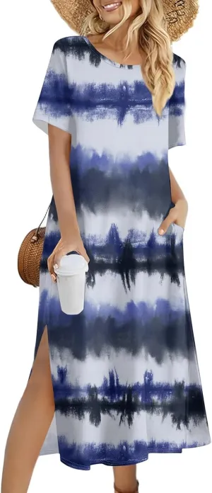 Women's Spring Dresses 2025 Crewneck Short Sleeve Striped Long Split Tshirt Dress with Pockets, S-3XL