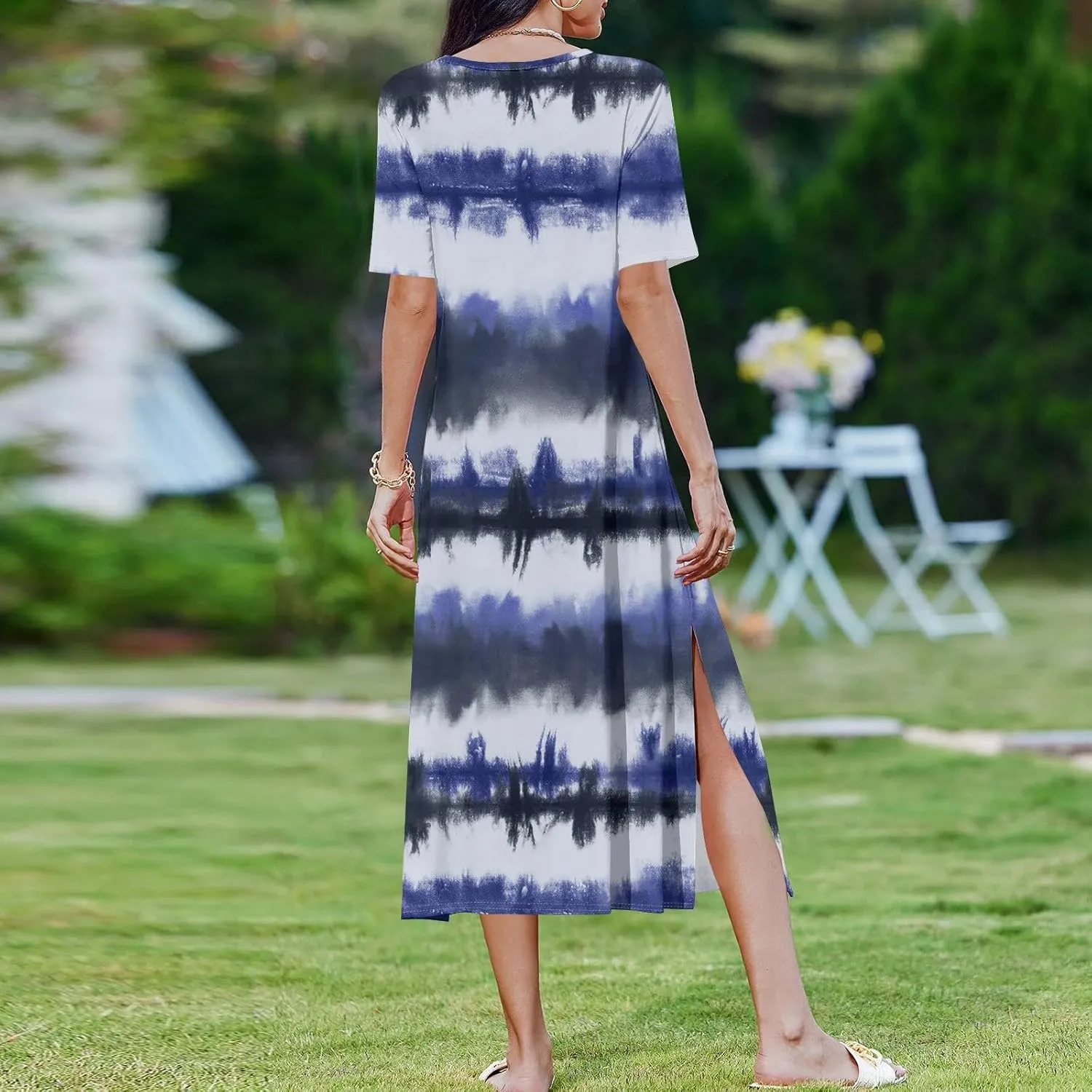 Women's Spring Dresses 2025 Crewneck Short Sleeve Striped Long Split Tshirt Dress with Pockets, S-3XL