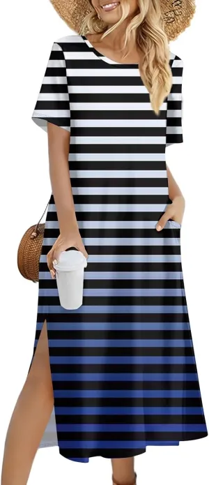 Women's Spring Dresses 2025 Crewneck Short Sleeve Striped Long Split Tshirt Dress with Pockets, S-3XL