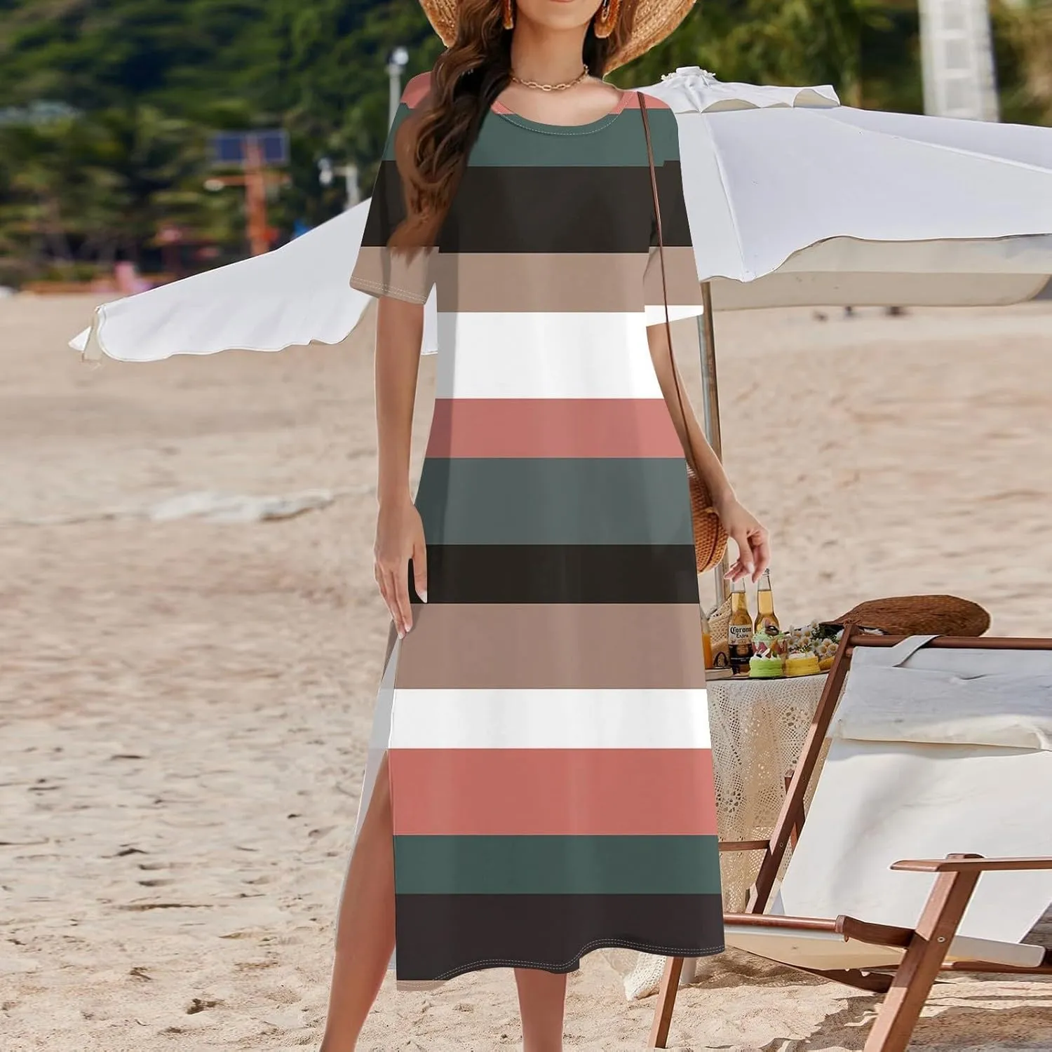 Women's Spring Dresses 2025 Crewneck Short Sleeve Striped Long Split Tshirt Dress with Pockets, S-3XL