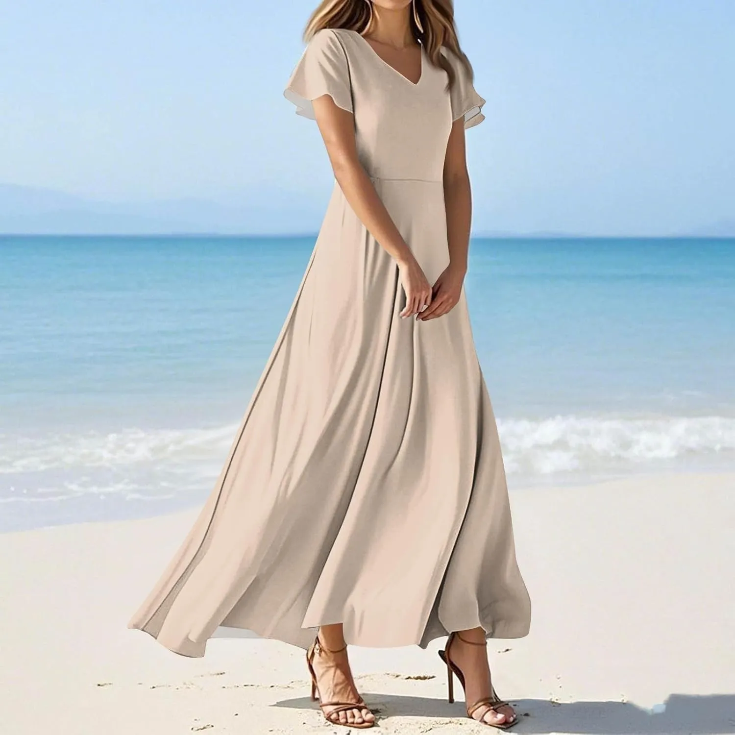 Women's Spring Summer V-Neck Ruffle Short Sleeve Casual Solid Aline Swing Sun Dresses, XS-2XL