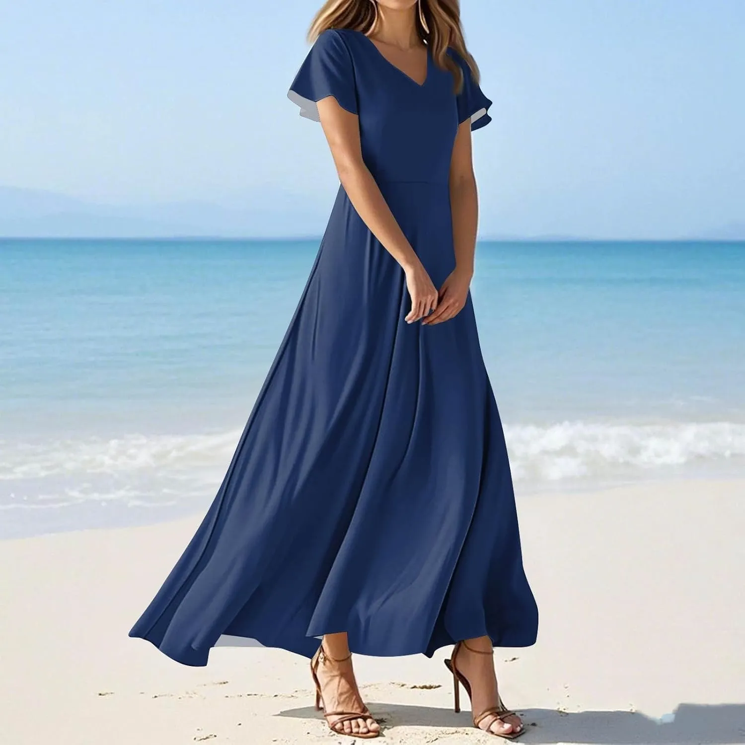 Women's Spring Summer V-Neck Ruffle Short Sleeve Casual Solid Aline Swing Sun Dresses, XS-2XL