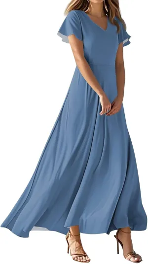 Women's Spring Summer V-Neck Ruffle Short Sleeve Casual Solid Aline Swing Sun Dresses, XS-2XL