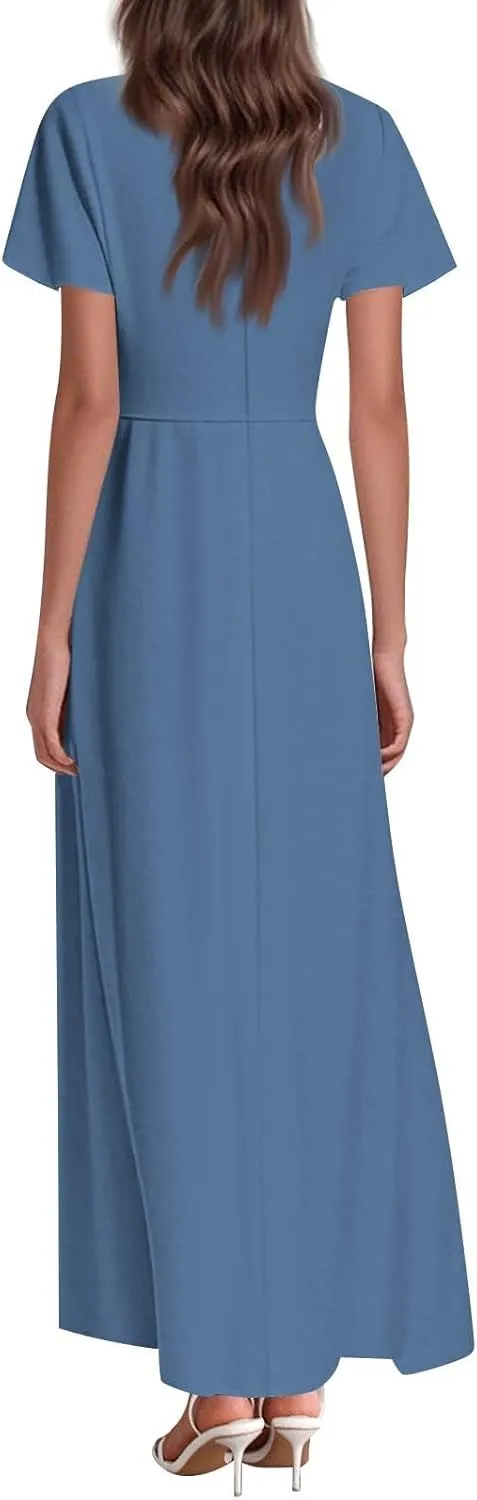 Women's Spring Summer V-Neck Ruffle Short Sleeve Casual Solid Aline Swing Sun Dresses, XS-2XL