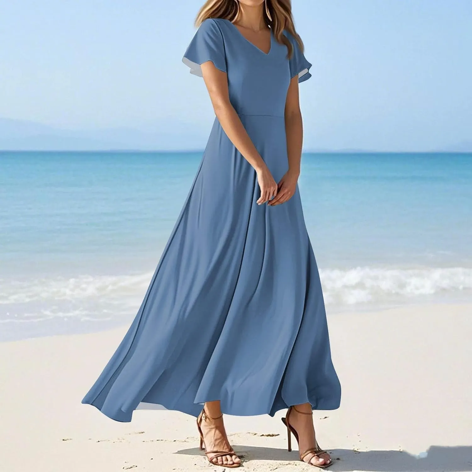 Women's Spring Summer V-Neck Ruffle Short Sleeve Casual Solid Aline Swing Sun Dresses, XS-2XL