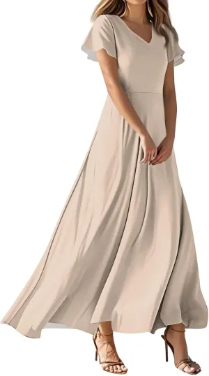 Women's Spring Summer V-Neck Ruffle Short Sleeve Casual Solid Aline Swing Sun Dresses, XS-2XL
