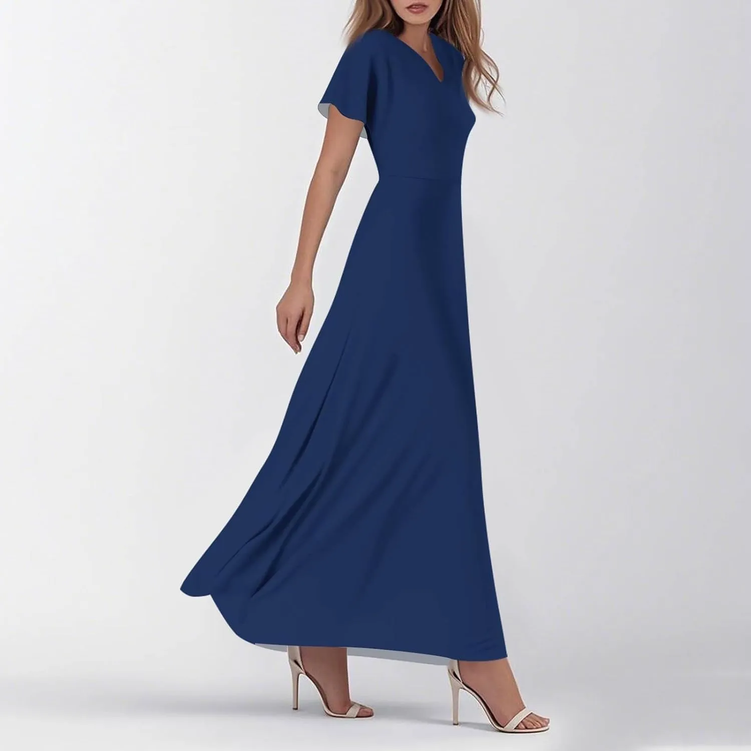 Women's Spring Summer V-Neck Ruffle Short Sleeve Casual Solid Aline Swing Sun Dresses, XS-2XL