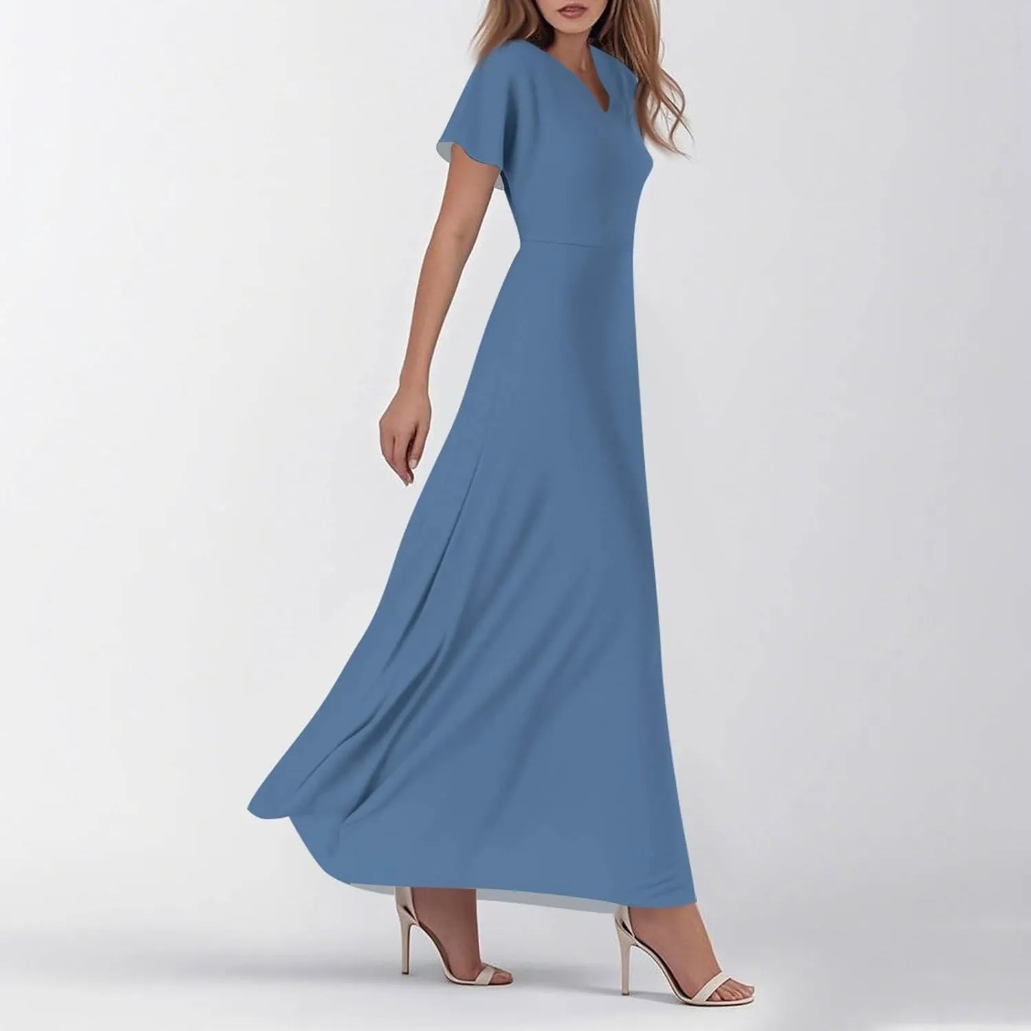 Women's Spring Summer V-Neck Ruffle Short Sleeve Casual Solid Aline Swing Sun Dresses, XS-2XL