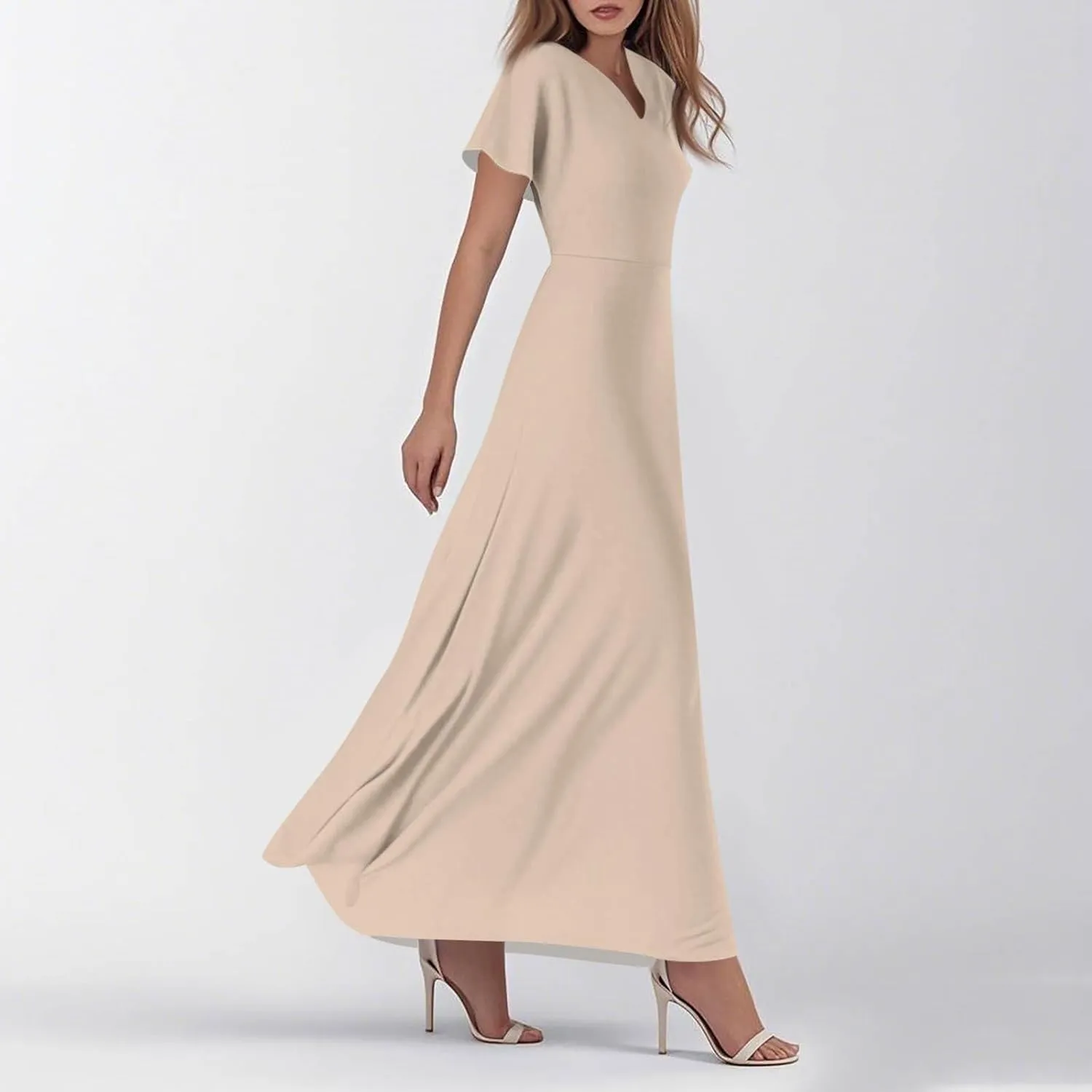 Women's Spring Summer V-Neck Ruffle Short Sleeve Casual Solid Aline Swing Sun Dresses, XS-2XL