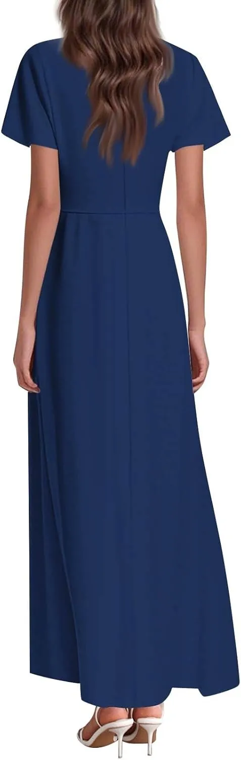 Women's Spring Summer V-Neck Ruffle Short Sleeve Casual Solid Aline Swing Sun Dresses, XS-2XL