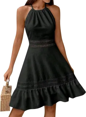 Women's Spring Wedding Guest Dresses Backless Lace Hollowed Out High Waist A Line Ruffle Dress Casual, S-XL