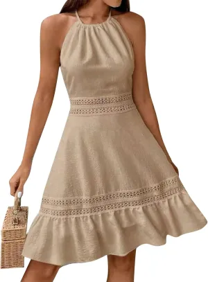 Women's Spring Wedding Guest Dresses Backless Lace Hollowed Out High Waist A Line Ruffle Dress Casual, S-XL