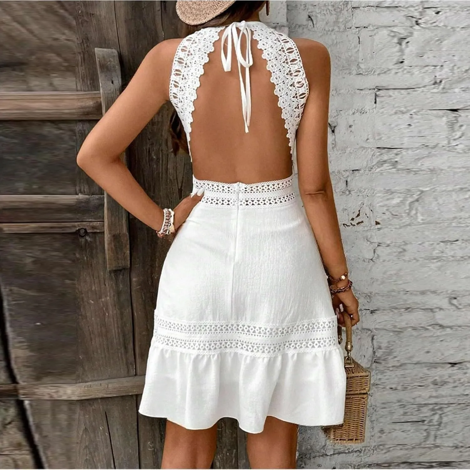 Women's Spring Wedding Guest Dresses Backless Lace Hollowed Out High Waist A Line Ruffle Dress Casual, S-XL