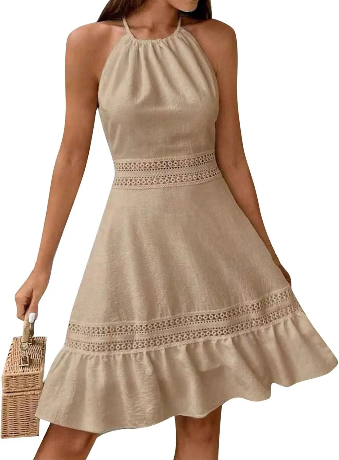 Women's Spring Wedding Guest Dresses Backless Lace Hollowed Out High Waist A Line Ruffle Dress Casual, S-XL