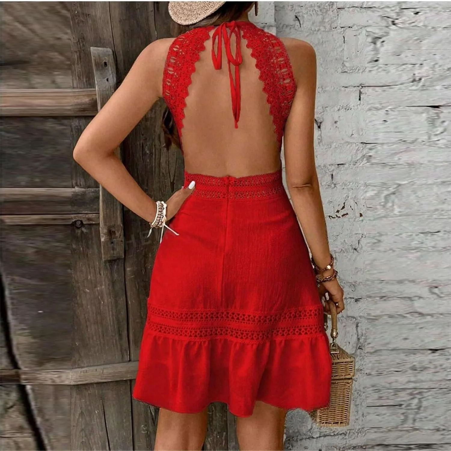 Women's Spring Wedding Guest Dresses Backless Lace Hollowed Out High Waist A Line Ruffle Dress Casual, S-XL