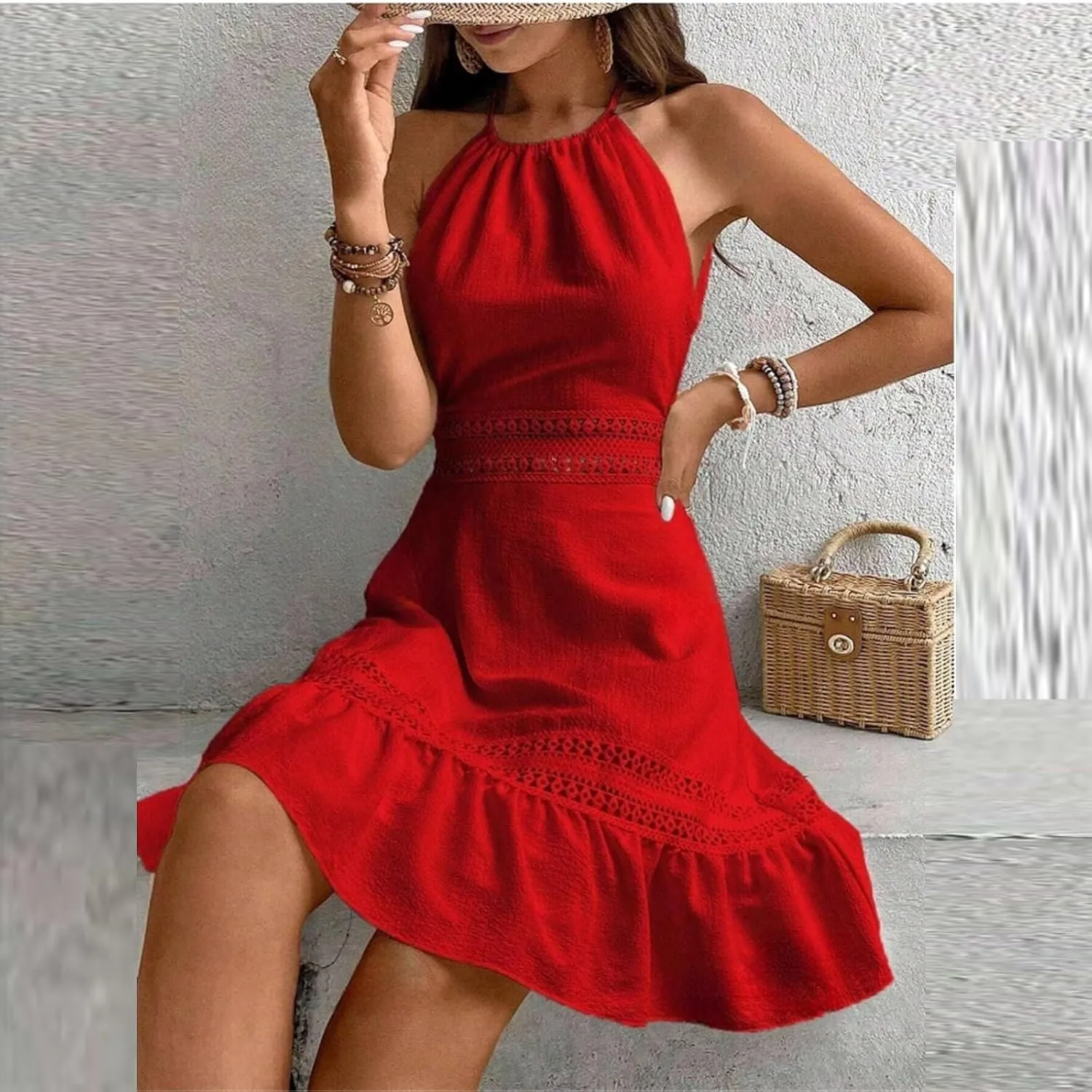 Women's Spring Wedding Guest Dresses Backless Lace Hollowed Out High Waist A Line Ruffle Dress Casual, S-XL