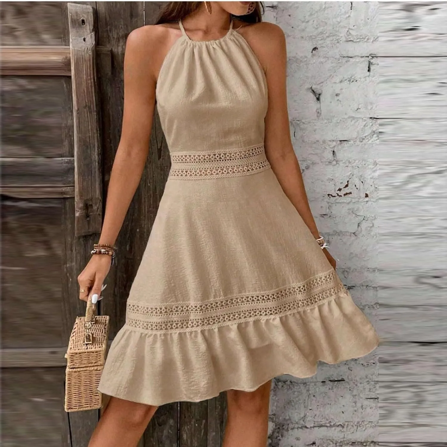 Women's Spring Wedding Guest Dresses Backless Lace Hollowed Out High Waist A Line Ruffle Dress Casual, S-XL