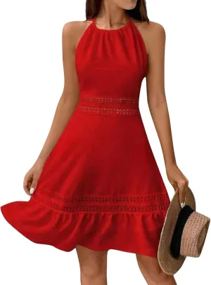 Women's Spring Wedding Guest Dresses Backless Lace Hollowed Out High Waist A Line Ruffle Dress Casual, S-XL