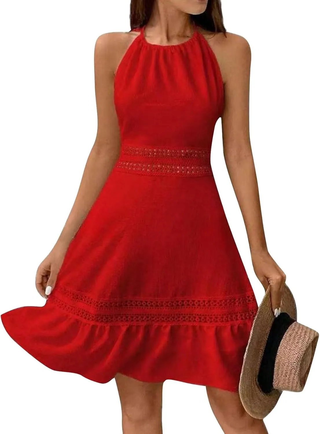 Women's Spring Wedding Guest Dresses Backless Lace Hollowed Out High Waist A Line Ruffle Dress Casual, S-XL