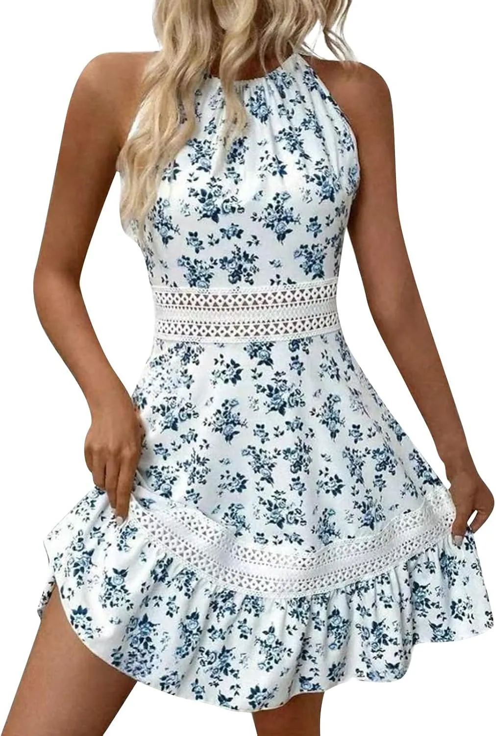 Women's Spring Wedding Guest Dresses Backless Lace Hollowed Out High Waist A Line Ruffle Dress Casual, S-XL