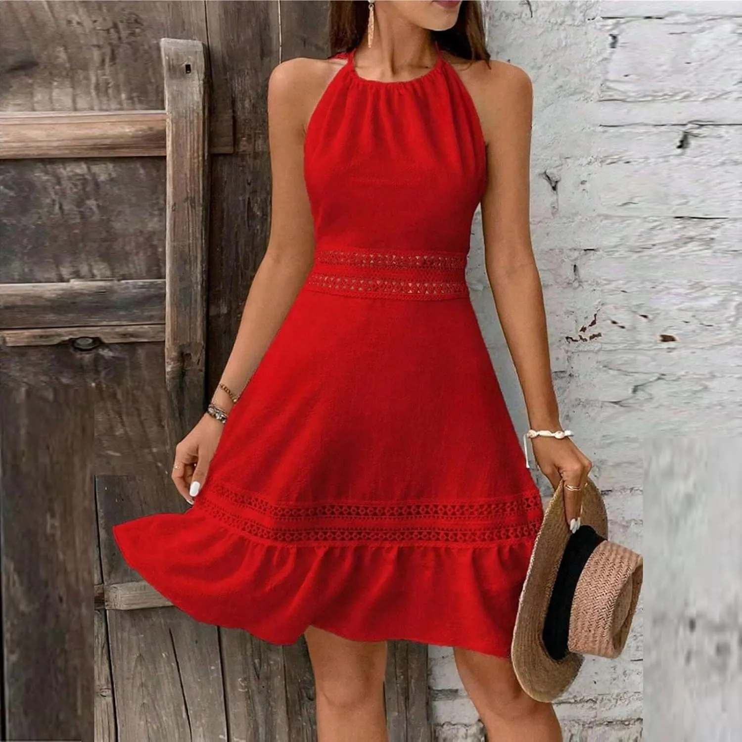 Women's Spring Wedding Guest Dresses Backless Lace Hollowed Out High Waist A Line Ruffle Dress Casual, S-XL