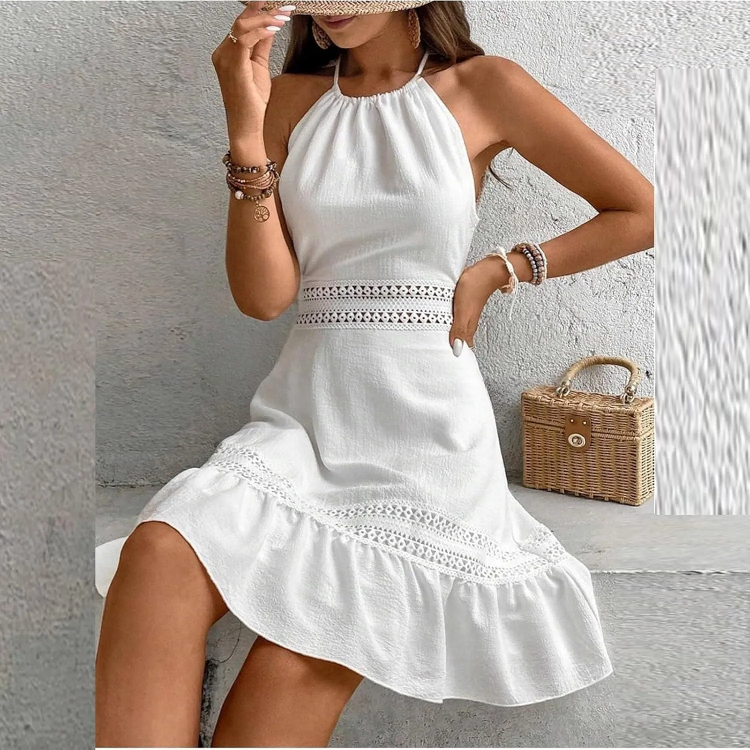 Women's Spring Wedding Guest Dresses Backless Lace Hollowed Out High Waist A Line Ruffle Dress Casual, S-XL