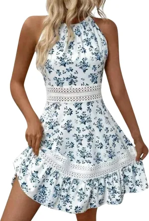 Women's Spring Wedding Guest Dresses Backless Lace Hollowed Out High Waist A Line Ruffle Dress Casual, S-XL